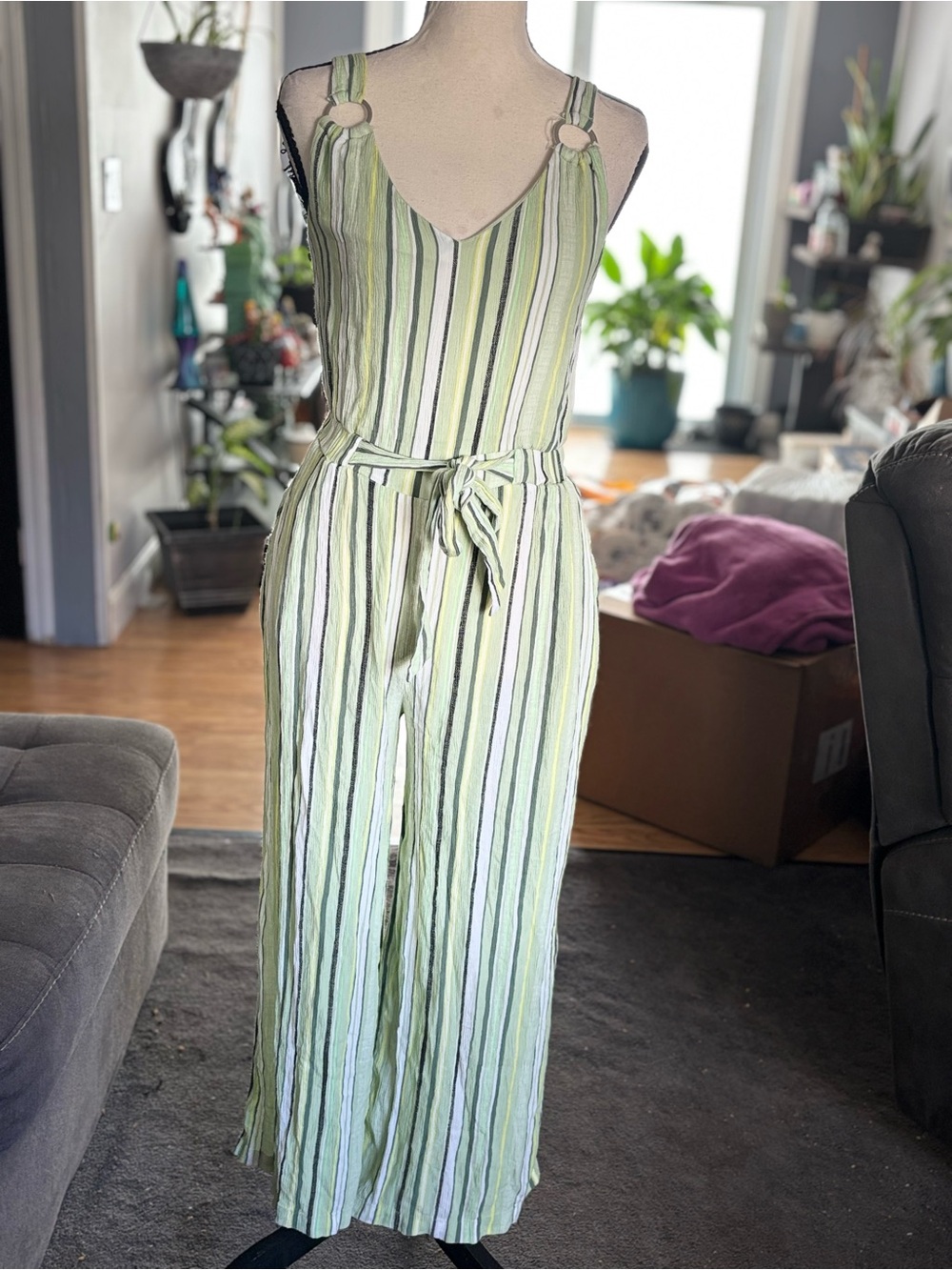 Derek Heart Striped Green Wide-Leg Jumpsuit with Tie Waist